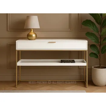 Konferenční stolek Konzolový stolek NIRAI s policí a šuplíkem - bílý / zlatý