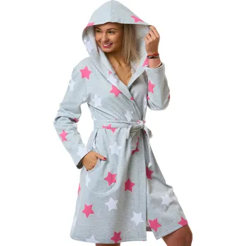 Dámský župan Dámský župan s kapucí, hřejivá bavlna, šedý, růžové a bílé hvězdy 1TB0102 šedá xxl