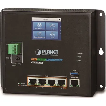 Switch Planet WGR-500-4PV, průmyslový PoE router, 1xWAN+4xLAN 1Gbps, PoE 802.3at 120W, DIN, dual 48-56VDC, -10až60°C, touch LCD