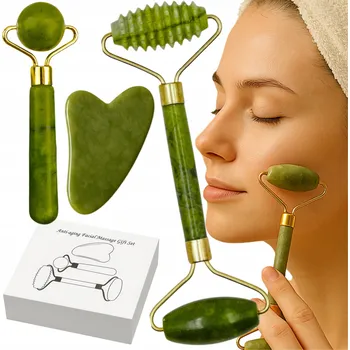 Masážní přístroj VÁLEČKOVÝ MASÁŽNÍ MASÁŽNÍ PŘÍSTROJ NA OBLIČEJ NEFRITOVÝ VÁLEČEK + TALÍŘ DÁREK DESTIČKA GUA SHA 3v1 DÁREK