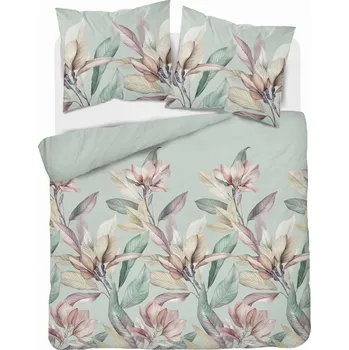 Povlečení Povlečení Saténové 220x200 Květiny pastelové barvy na zeleném pozadí