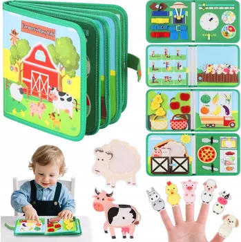 Dřevěná hračka MANIPULAČNÍ TABULE FARMA MONTESSORI KNIHA 3D SENZORICKÁ 8 TÉMAT