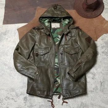 Moto bunda Leather Fashion Kožená parka z kozí kůže s kapucí v loveckém designu Barva: Tmavě Zelená, Velikost: M