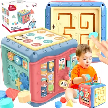 EDUKAČNÍ KOSTKA 8v1 TŘÍDIČ SENZORICKÝ ŠESTIHRAN PRO DĚTI MONTESSORI SKLÁDAČKA