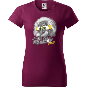 Dámské tričko levne-damske-bavlnene-tricko-potisk-Einstein Velikost dámská trička Basic: XL šířka 56, délka 67, Odstín dámské tričko Basic: Vínové