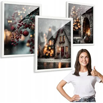 Obraz Sada 3 obrazů, motiv VÁNOČNÍ MĚSTEČKO, bílý rámeček 50x70, plexisklo, triptych