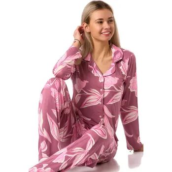 Dámské pyžamo Dámské pyžamo růžové celopropínací s květinovým vzorem 1D1761 růžová m