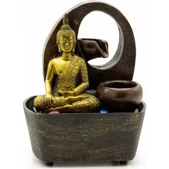 AWM, Ltd, S3 8AL Pokojová / Stolní Fontána s LED osvětlením - Meditující Buddha s tekoucími miskami zlatý 21,5 cm