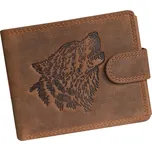 Hnědá broušená kožená peněženka s motivem vlka