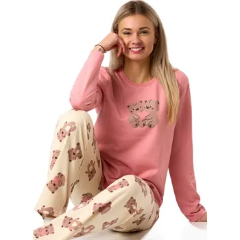 Dámské pyžamo Pyžamo pro ženy z teplé bavlny s medvídky a srdíčky 1TB0138 růžová l