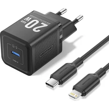 Mobilní telefon Nabíječka do sítě Vention 1-Port USB-C GaN Charger (20W) with USB-C to Lightning Cable (1M) EU-Plug Black