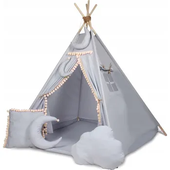 Dětský stan Stan pro děti týpí Baby Nellys + výbava - šedý s béžovými bambulkami