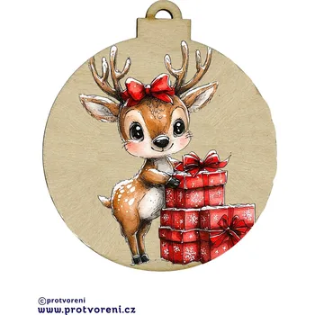 Vánoce Dekorace, vánoční, Dřevěná dekorace na stromeček z březové překližky, Sobí holčička s dárky, 1ks