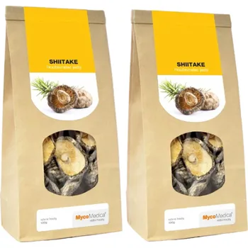 2x MycoMedica Shiitake sušená 200 g (Vhodná pro gastronomické využití. Obsahuje bioaktivní látky v přirozeném poměru zdrojové houby.)