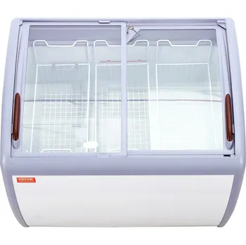 Vevor Mrazící box 264 L skleněný vrch 3 koše 2 posuvné dveře kolečka bílý