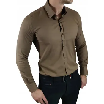Pánské oblečení Hnědá košile casual slim fit klasického střihu oxford EGO03 - M