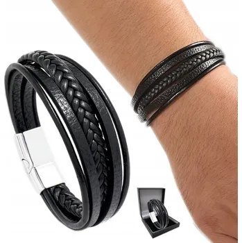 Náramek ELEGANCKA Bransoletka Męska SKÓRZANA Gruba Stříbrný Náramek ITALSKÝ