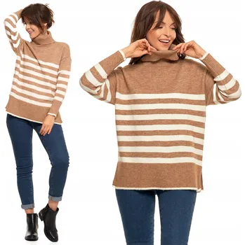 Dámský svetr DÁMSKÝ SVETR s Pruhy Rolák Volný Pohodlný Béžový Stylový na Podzim MORAJ L