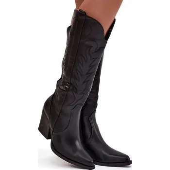 Dámské kozačky KOZAČKY KOVBOJSKÉ BOTY DÁMSKÉ Z EKOLOGICKÉ KŮŽE NA SLOUPOVÉM PODPATKU PROŠÍVANÉ ZATEPLENÉ ČERNÉ 37