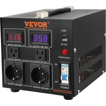 Transformátor Vevor Transformátor napětí 2000 VA, 110/220 V vstup/výstup, US/EU, 5V USB