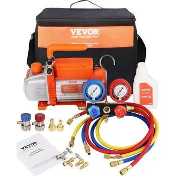Vakuové čerpadlo Vevor Vakuové čerpadlo a manometry 1/5 HP 3.5 CFM lopatkové R134a R1234yf