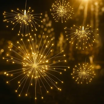 Vánoční dekorace LED ohňostroj venkovní 640 LED / 5 m / 10 světel s programy + ovladač + časovač + háčky k zavěšení bílá studená