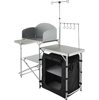 kempingový stůl Vevor Skládací kempingový kuchyňský stůl s jednou skříňkou a větrným štítem