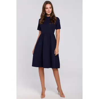 Dámské šaty ELEGANTNÍ DÁMSKÉ ŽENSKÉ ŠATY MIDI ROZŠÍŘENÉ TMAVĚ MODRÉ 36 S