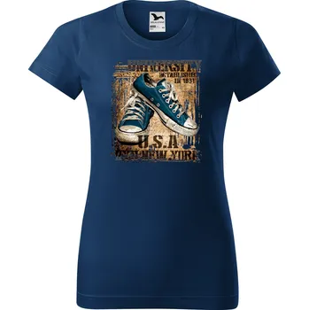 Dámské tričko levne-damske-bavlnene-tricko-potisk-americke-tenisky Velikost dámská trička Basic: S šířka 44, délka 60, Odstín dámské tričko Basic: Tmavě modré