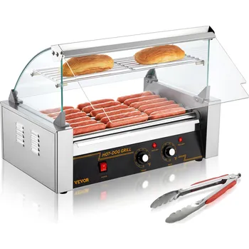 Hotdogovač Vevor Elektrický gril na párky 7 válečků, 18 párek, 1,4 kW, zadní stěna