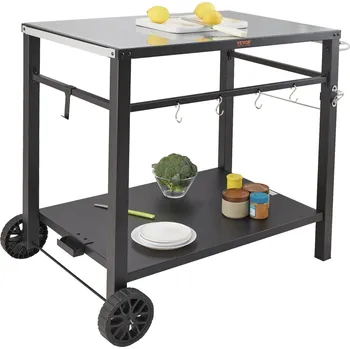 Vevor Grilovací vozík 2 police, železná pracovní deska, 2 kolečka, černý