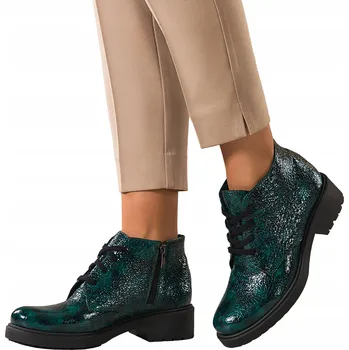 Dámská zimní obuv KOTNÍKOVÉ BOTY Zelené KOŽENÉ Dámské Zateplené Šněrovací LAKOVANÉ Moderní vel. 36