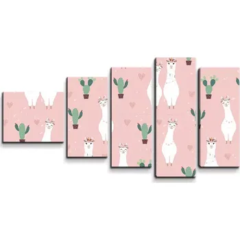 Obraz Sablio Obraz - 5-dílný Lama a kaktusy - 100x60 cm