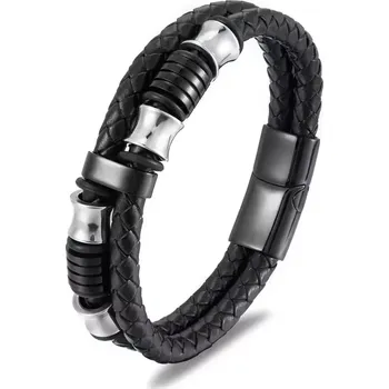 Náramek Pánský kožený proplétaný náramek Norris Černo-stříbrný - Délka 21,5 cm