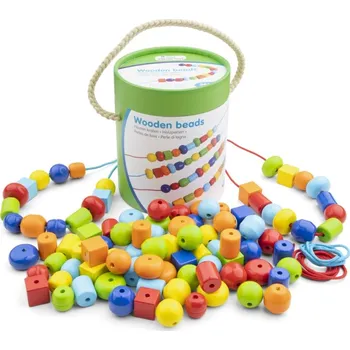 Dětské navlékací korálky Dřevěné korálky - 96 ks + 4 provázky (1739)