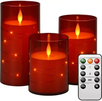 Svíčka Nakida BK 547 – Sada 3 LED svíček s dálkovým ovládáním, časovačem a nastavitelným jasem, červená (bezplamenné LED svíčky | sada 3 ks | akrylové válce | dálkové ovládání | časovač 2h/4h/6h/8h | nastavitelný jas | teplé bílé světlo | dekorace domů | svatba 