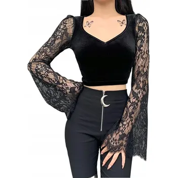 Dámská halenka GOTH47 Gotická krátká halenka s krajkovými rukávy - M