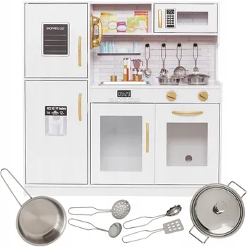 Dětská kuchyňka Dřevěná kuchyňka MILK pro děti bílá kuchyňka s lednicí, dřezem a mikrovlnkou