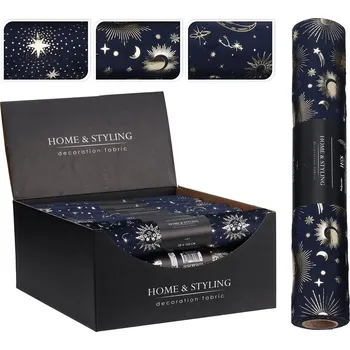 Organza látková 28x150 cm - modrá, potisk ve zlaté barvě (mix 3 motivů) 599079