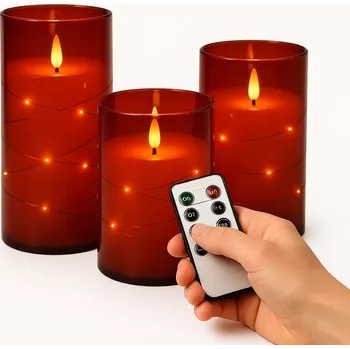 Svíčka Sada tří LED svíček Nakida BK 547 s teplým červeným světlem – dálkové ovládání, časovač a regulace jasu, červená (LED svíčky Nakida | sada tří kusů | akrylové válce | teplé bílé světlo | dálkové ovládání | časovač 2h/4h/6h/8h | regulace jasu | bezplamenné