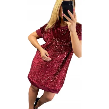 Dámské šaty V561 CEKINOWÉ JEDNODUCHÉ ŠATY BORDOVÉ vel. 54 (7XL)