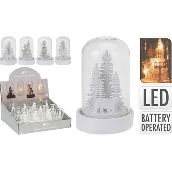 Vánoční dekorace Skleněný zvonek na dřevěném podnosu s LED světlem, krajina uvnitř (4 varianty) 599136