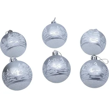 Vánoční ozdoba SEIZIS Set 6 koulí - stříbrno/bílé se stromy 6cm