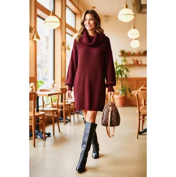 Dámský svetr Dlouhý svetr s rolákem bordo Velikost: UNI: M - XL