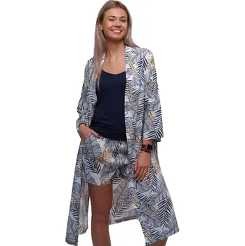 Dámský župan Lehký dámský komplet z plátýnka - s motivem listí a peří 1G0724 šedá l