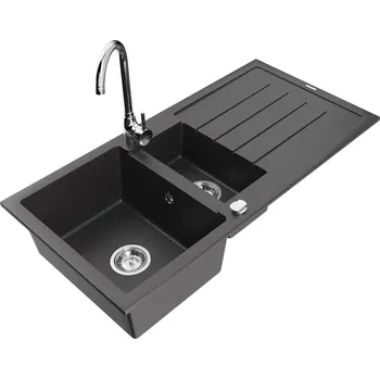 Granitový dřez MEXEN - Andres granitový dřez s odkapávačem včetně baterie Telma, černá nakrapiany 6515-76-670200-00