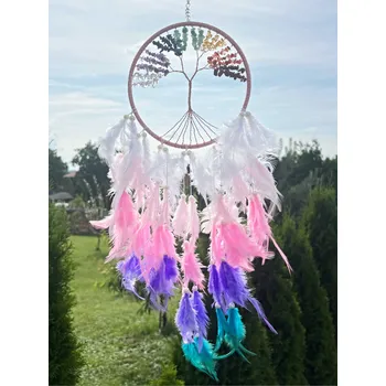 Lapač snů Magieprirody.cz Lapač snů se stromem života – čakrové kameny & duhová pírka #ZB323