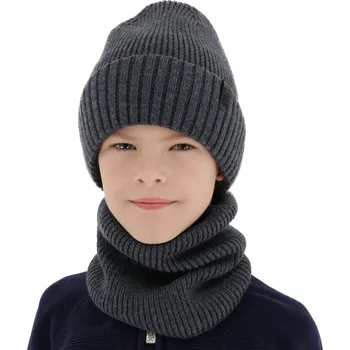 Kojenecká čepice Merino zimní set čepice a tubusu 2vrstvý Grafitový Velikost: 50-52cm