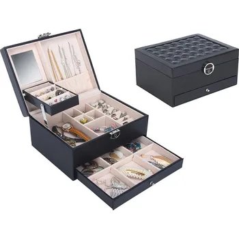 dobirkov.cz Box na šperky, organizér se zrcadlem, uzamykatelný, černý