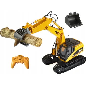 autíčko Dálkově ovládaný bagr Huina 2v1 kovová lžíce a drapák 1:14 žlutý
